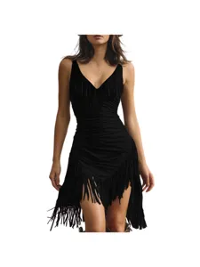 Vestido mujer negro con cuello en V y flecos sexy de fiesta clubwear sin mangas slim fit