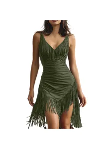 Vestido verde militar sin mangas con cuello en V y flecos vestido de fiesta asimétrico