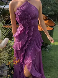 Women Summer Halter Pleated Ruffle Chiffon Long Dress Elegant Sleeveless High Waist Party Vacation Maxi Dress