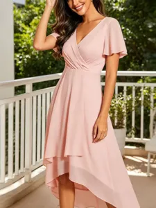 Elegant pink v-neck flutter sleeve high low midi dress for women evening party wear