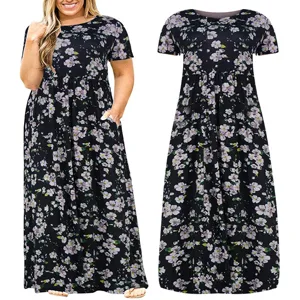 Γυναικείο plus size λουλουδάτο μάξι καλοκαιρινό φόρεμα κοντομάνικο casual στρογγυλή λαιμόκοψη