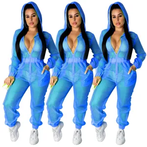 Sexy blauer transparenter Netzstoff Kapuzen Jumpsuit für Damen langarm Clubwear Overall.