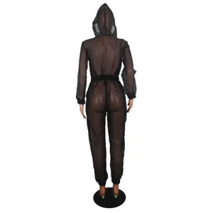 Sexier, transparenter schwarzer Netz-Kapuzenjumpsuit für Damen, Langarm Clubwear.