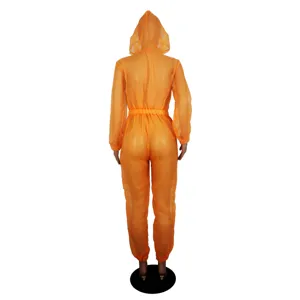 Oranger transparenter Mesh Kapuzen Jumpsuit für Damen sexy Langarm Body Party Overall Outfit