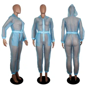 Sexy transparente Mesh Kapuzen Jumpsuit Damen Langarm durchsichtig Clubwear Overall