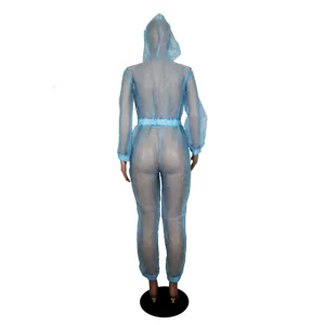 Seksi transparentes Mesh Kapuzen Jumpsuit für Damen, eleganter Langarm Body Nachtwäsche.