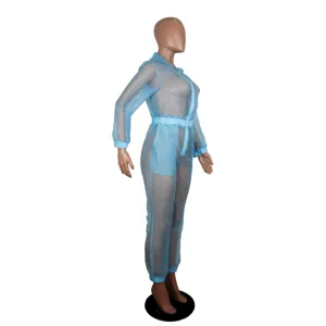 Damen sexy transparenter Netzstoff mit Kapuze Jumpsuit, atmungsaktiver Overall für Party.