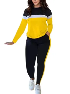 Women fashion color block crewneck long sleeve top and pants tracksuit set main view.