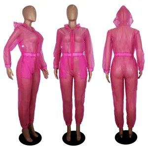 Heißes pinkes transparentes Mesh Kapuze Overall, sexy langärmliger Jumpsuit für Damenmode.
