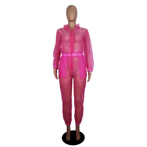 Knallrosa transparenter Mesh Kapuzen Jumpsuit, Frontreißverschluss sexy Clubwear Detail