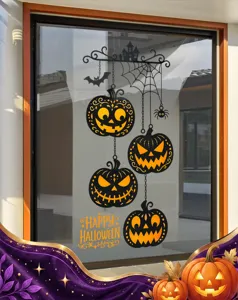 Close-up of black Halloween pumpkin and spider web static window stickers on glass