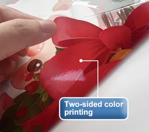 Close-up of double-sided color printing on Christmas festive bow window sticker