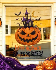 Detailansicht des Halloween-Fensteraufklebers mit Kürbis und dekorativem Spukschloss-Design