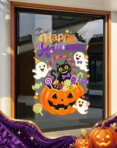 Festive Halloween window static clings featuring pumpkin basket, black cat and ghosts