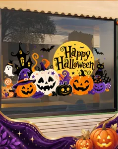 Detailed view of Halloween window stickers featuring a spooky castle, pumpkins, and ghosts.