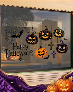 Halloween statische raamstickers met pompoenen en vleermuizen op het glas geplakt