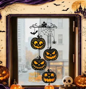 Decorative Halloween static window sticker with black pumpkins and spider webs design