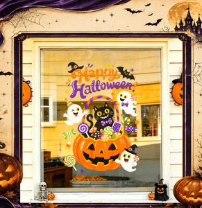 Festive Halloween window stickers featuring pumpkin basket black cat and cute ghosts decoration