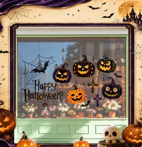 Vrolijke Halloween raamstickers met pompoenen en Happy Halloween tekst voor decoratie
