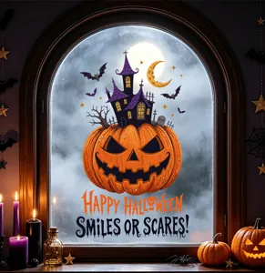 Halloween Fensteraufkleber mit Kürbis und Spukschloss auf nebligem Nachthintergrund