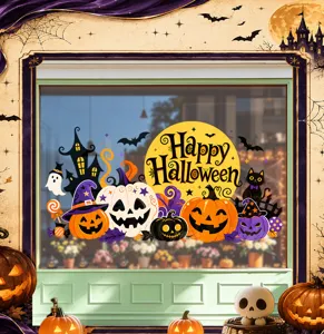 Detailed Halloween window stickers featuring spooky pumpkins, ghosts and castle