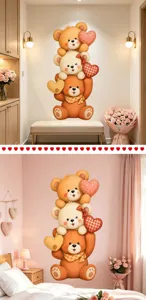 Macro view of three adorable cartoon teddy bear wall stickers in a cozy bedroom setting