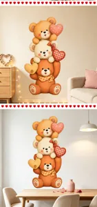 Close-up of stacked cartoon bear wall stickers displayed in various home interior settings.