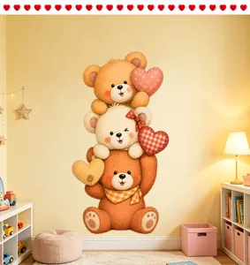 Close-up of cute cartoon teddy bear stack wall stickers with hearts in a nursery setting