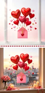 Decorative Valentine's Day window stickers featuring red heart balloons and a pink envelope.