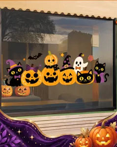 Cute Halloween window stickers with black cats, pumpkins, and ghosts for glass decor.