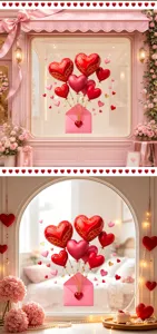 Romantic Valentine's Day heart balloon and envelope window stickers for festive decor