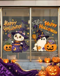 Cute cartoon Halloween window stickers featuring wizard ghost cat and pumpkin designs