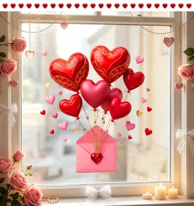 Valentine's Day window stickers featuring red heart balloons and romantic pink envelope.
