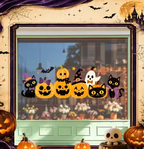 Cute Halloween window stickers with pumpkin, ghost and black cat designs shown on a shop window