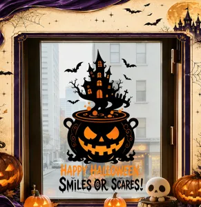 Λεπτομέρεια αυτοκόλλητου παραθύρου Halloween με κάστρο και κολοκύθα