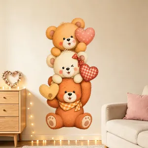 Cute three stacked cartoon teddy bears with hearts wall sticker for nursery home decor