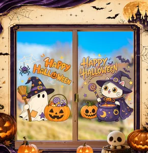 Detailed view of Halloween window stickers featuring a cute ghost and a wizard cat