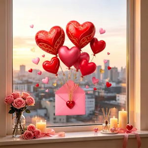 3D Valentine's Day heart balloons and envelope static window stickers for romantic decor