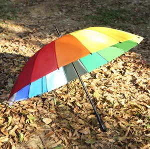Ombrello arcobaleno colorato con manico lungo, design vivace a sedici pannelli per giorni di pioggia.