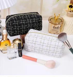 Koreanischer eleganter Tweed Kosmetikbeutel, große Kapazität Karomuster Make-up Tasche für Reise Pflege.