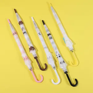 Ombrello trasparente lungo con simpatici disegni di animali e manico ricurvo colorato
