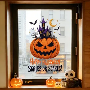 Gruseliges Halloween Fensterbild mit Kürbisschloss und festlichem Text für Schaufenster