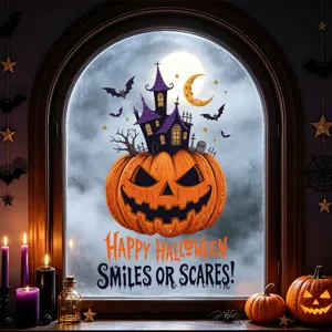 Halloween statischer Fensteraufkleber mit Kürbisgeist und Spukschloss Design für Deko
