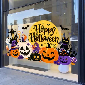 Halloween Window Static Cling Sticker Cute Cartoon Pumpkin Head Ghost Bat Witch Hat Print Removable PVC Wall Cling For Shop Window Home Glass Door Festival Decor