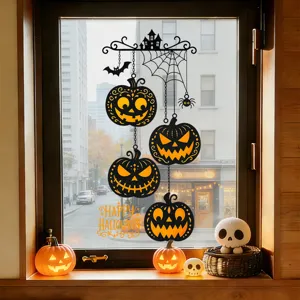 Halloween window stickers featuring black pumpkins, spider webs, and bats on a glass window.