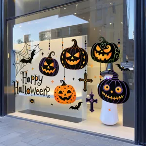 Halloween raamstickers met cartoon pompoenen, vleermuizen en Happy Halloween tekst