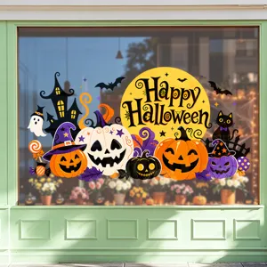 Halloween window stickers featuring pumpkin, wizard hat, ghost, and Happy Halloween moon design