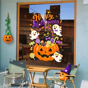Halloween Static Cling Window Sticker Cartoon Pumpkin Candy Jar Black Cat Ghost Glass Door Cling Double Sided Color UV Printed Festival Home Shop Decor