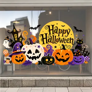 Vibrant Halloween electrostatic window sticker featuring pumpkins, ghosts, and Happy Halloween text