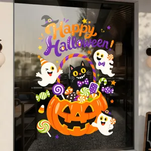 Decorative Happy Halloween window stickers featuring pumpkin basket black cat and ghosts